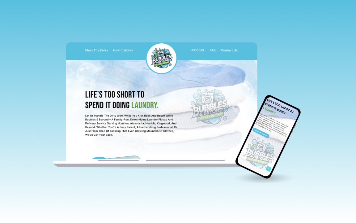 Responsive web design mockup for Bubble Lawn Services, showing desktop and mobile homepage layout