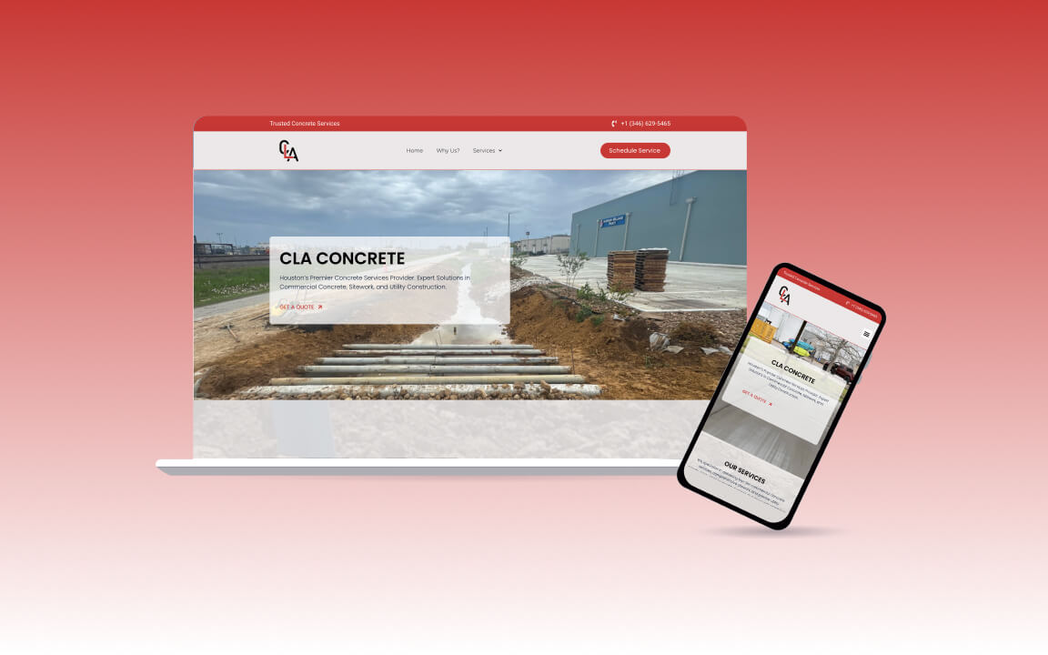 Website design mockup for CLA Concrete, featuring desktop and mobile layouts with construction visuals