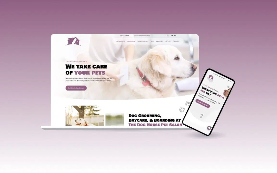 Mockup of The Dog House Pet Salon website homepage and mobile layout, featuring dog grooming imagery