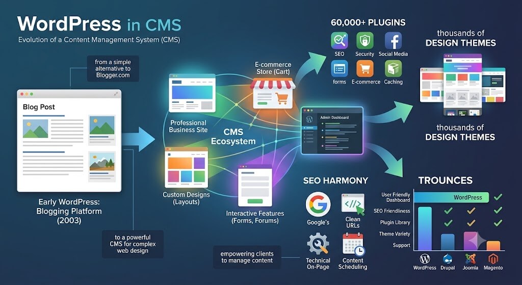 An infographic illustrating the evolution of WordPress from a simple 2003 blogging platform into a powerful, modern CMS ecosystem.