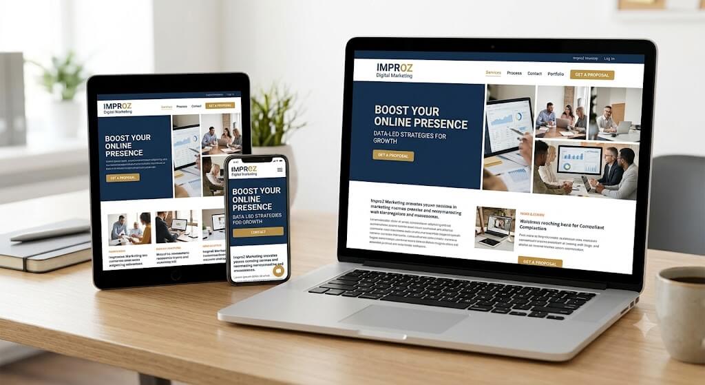 A laptop, tablet, and smartphone displaying the "Boost Your Online Presence" IMPROZ website layout.