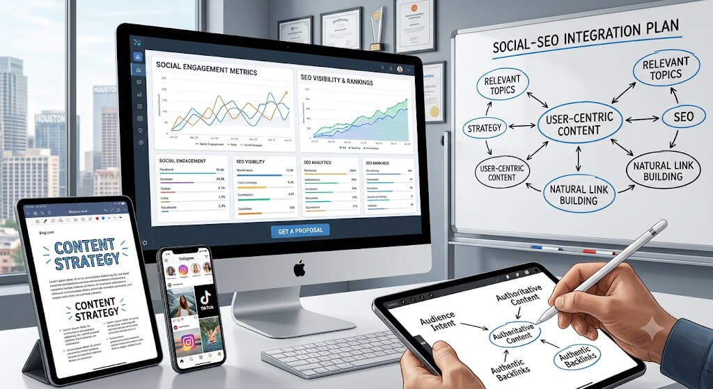 A laptop, tablet, and smartphone displaying a modern digital marketing dashboard and content strategy plans next to a whiteboard outlining a Social-SEO integration plan.