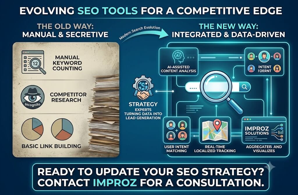 Dashboard view of modern SEO tools showing search performance metrics and competitive analysis charts.