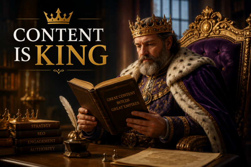 Content marketing is king in modern SEO. A king reading a book symbolizes how authoritative, high-quality content drives Google rankings, AI search visibility, and long-term digital marketing success.