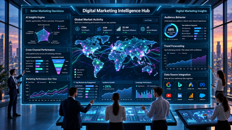 Marketing intelligence dashboard connecting search, analytics, advertising, calls, website activity, and business outcomes to support better marketing decisions